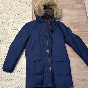 Brooks Brothers bright navy fur trimmed long parka.